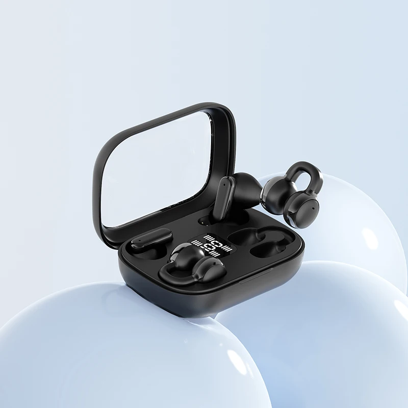 Open Ear Air Conduction Headphones - オープンイヤー型クリップ式Bluetoothイヤホン。高音質、重低音、低遅延で、デジタル表示付きのバッテリー残量表示とマイクを搭載したゲーミングヘッドセット。