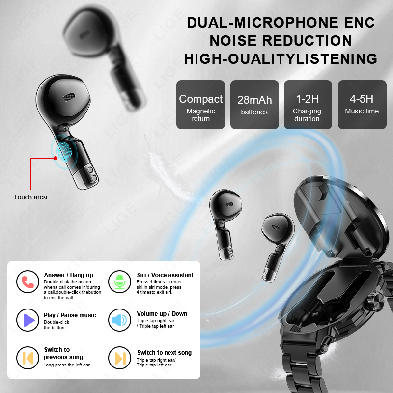 LIGE新型2in1スマートウォッチ、ヘッドホン付き、フルタ - Tws Earbuds Bluetooth 5.3 のレビューと価格